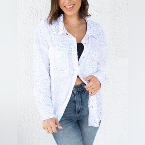 New White Birch White Iridescent Sequin Women's Button Up Top Size Medium